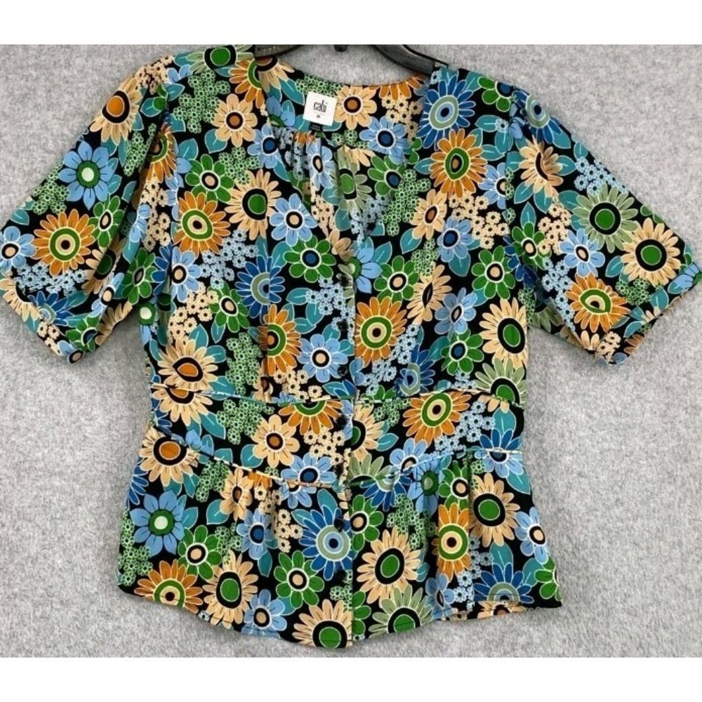 Cabi Happy Blouse Multi ‎ Retro Daisies  Floral Shirt MEDIUM. EUC